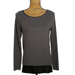 White House Black Market Top SMALL Charcoal Gray Soft Long‎ Sl Black Satin Hem